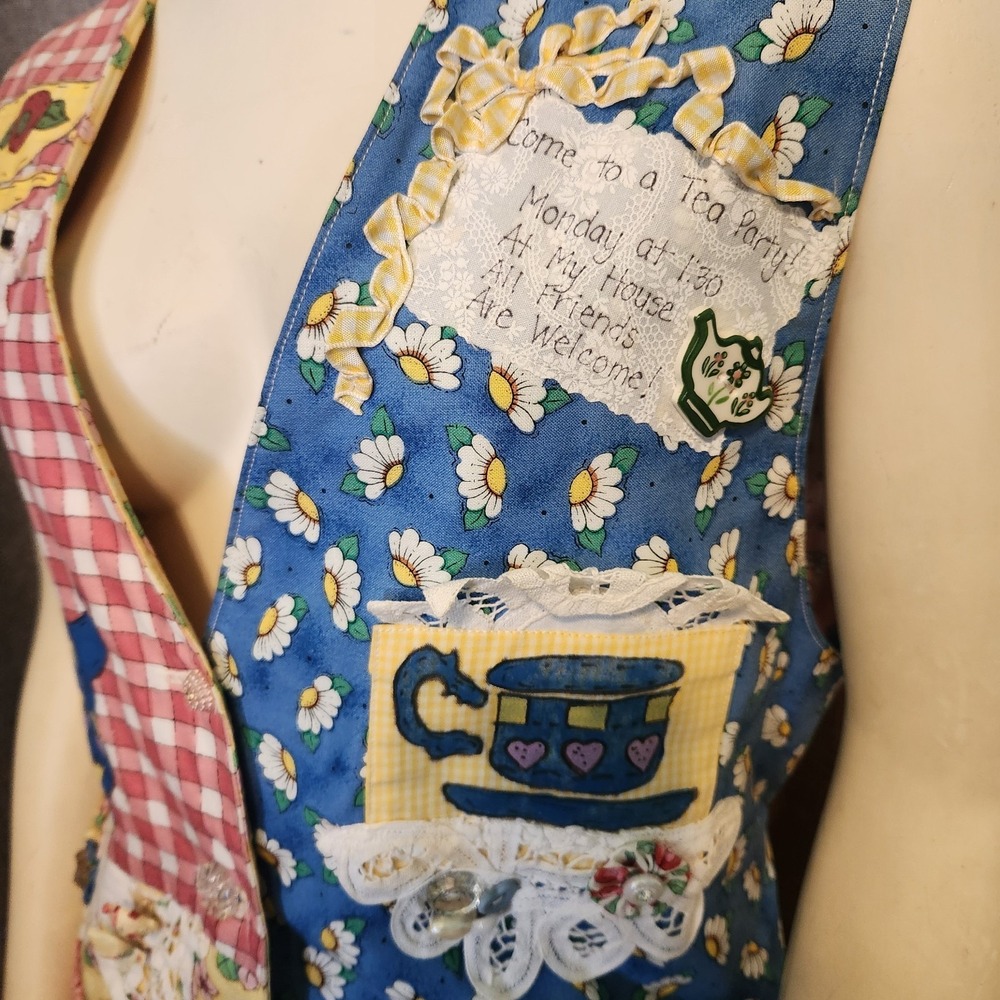 Hand Made Patchwork Granny Tea Party Quilted Vest Embellished Applique Cottage - Picture 3 of 15
